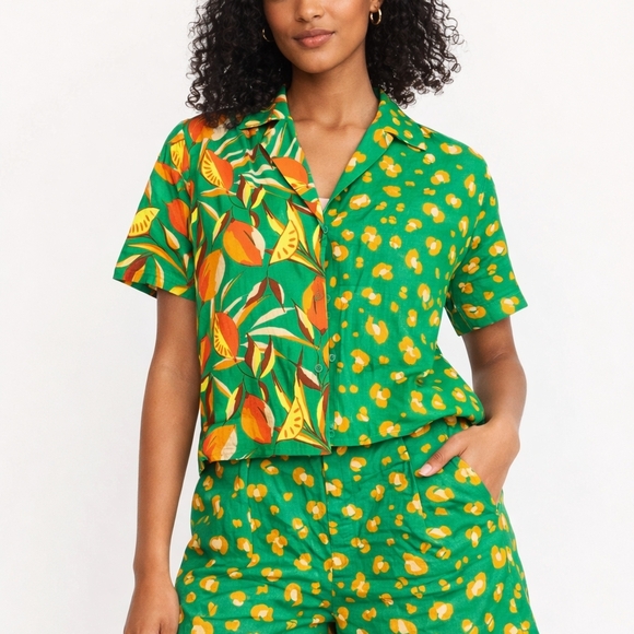 Tabitha Brown Pants - Tabitha Brown Vibrant Green and Orange Patterned Shirt and Shorts Set